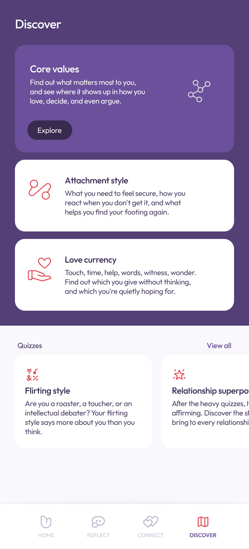 Luvset discover screen showing core values, attachment style, love currency, and relationship quizzes.