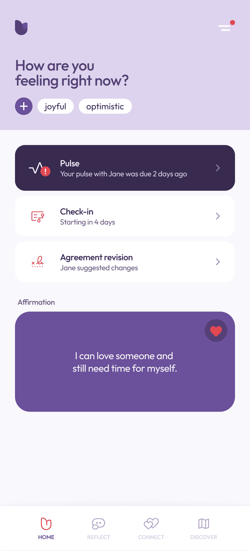 Luvset home screen showing a mood check-in, a Pulse due with Jane, an upcoming check-in, and an agreement change to review.