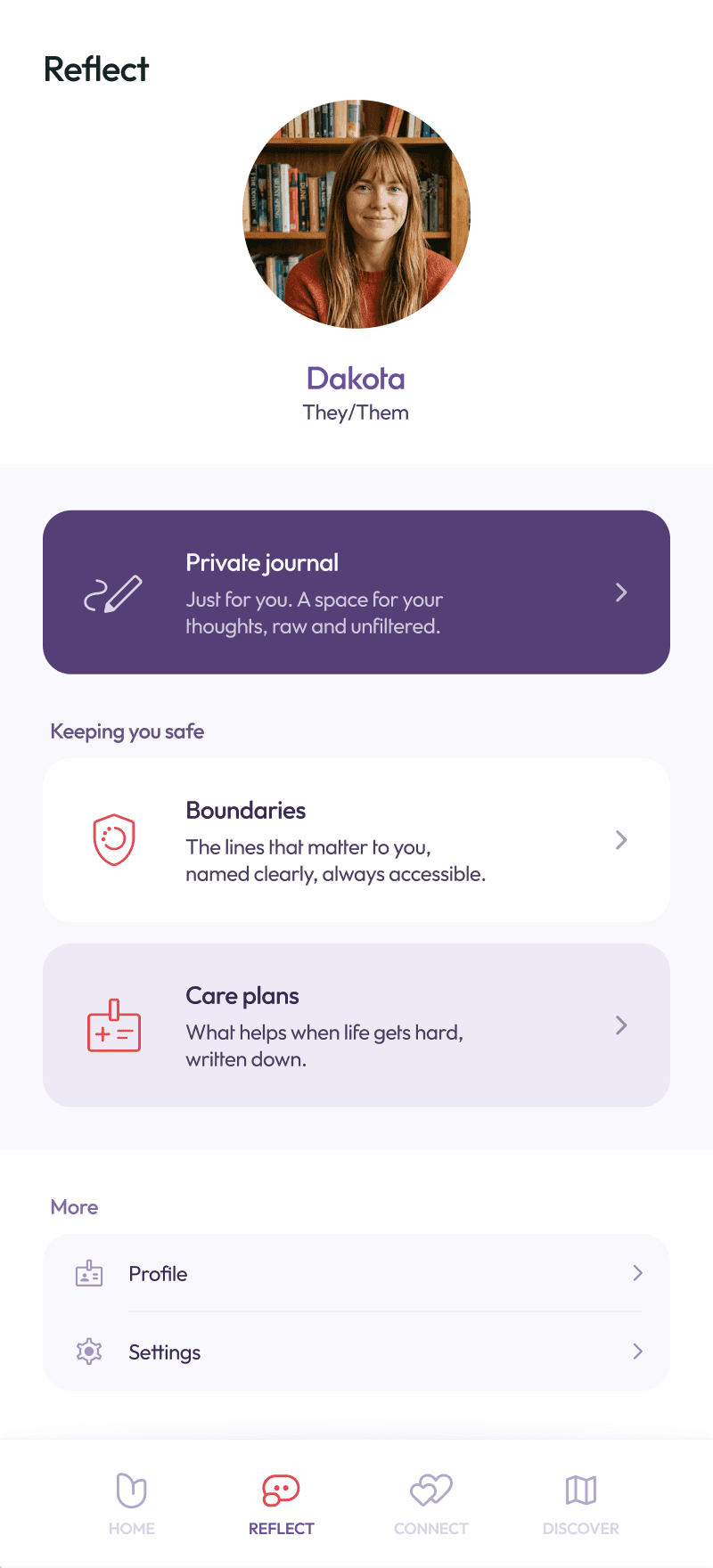Luvset reflect screen showing Dakota's personal space with a private journal, boundaries and care plans.